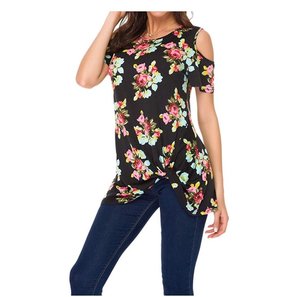 Tops - Cold Shoulder Floral Black Tee